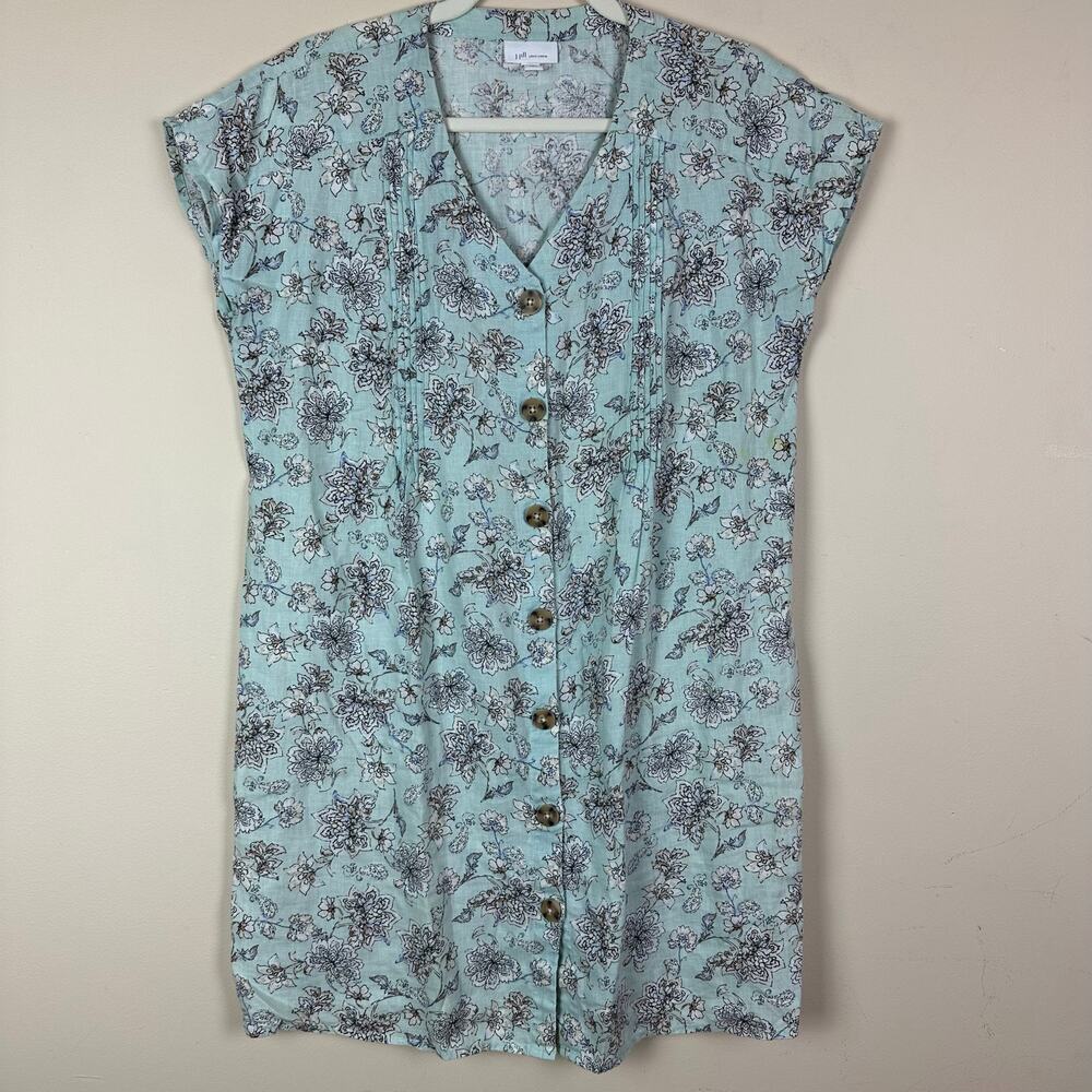J Jill Linen Floral Oversized Button Front Mini Dress Size S Cottage Euro Resort